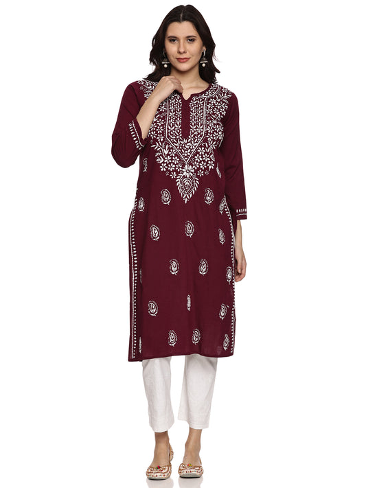Cotton Chikankari Long Kurta in Wine with White Embroidery