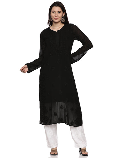 Viscose Chikankari Long Kurti in Black with Same Tone Embroidery (inner included)