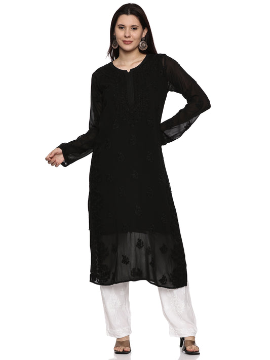 Viscose Chikankari Long Kurti in Black with Same Tone Embroidery (inner included)