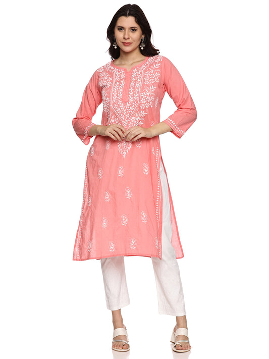 Cotton Chikankari Long Kurta in Peach with White Embroidery