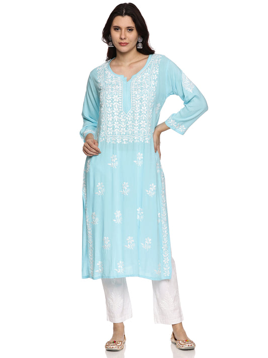 Rayon Chikankari Long Kurti in Sky Blue with White Emboidery