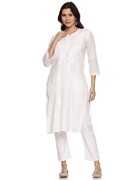 Cotton Chikankari Long Kurta in White with Same Tone Embroidery