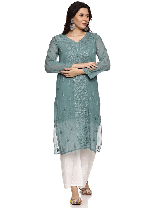 Mal Chanderi Chikankari Long Kurta in Light Teal with Same Tone Embroidery (inner included)