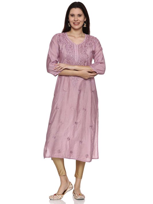 Chanderi Chikankari Long Kurti in Lavender with Mukaish Work