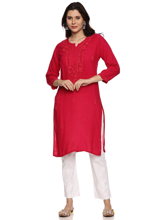 Rayon Chikankari Long Kurti in Dark Pink with Same Tone Embroidery