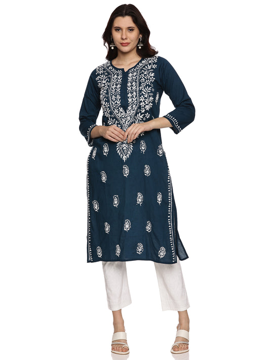 Cotton Chikankari Long Kurta in Teal Blue with White Embroidery