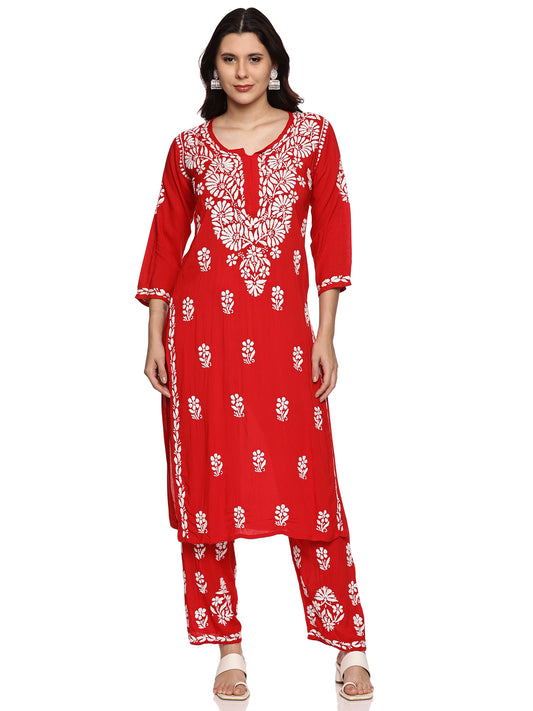 Modal Chikankari Kurta Set in Red