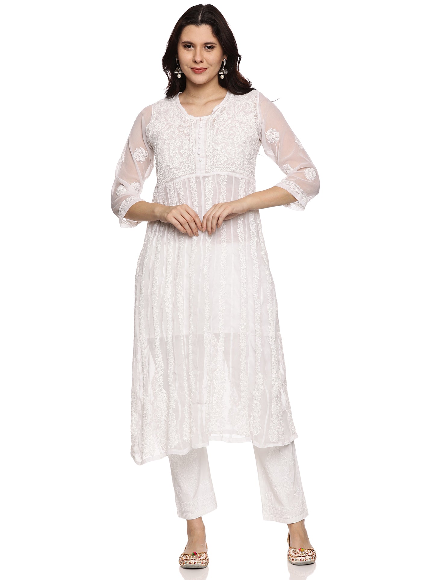 Georgette Chikankari Kurta in White with Same Tone Embroidery