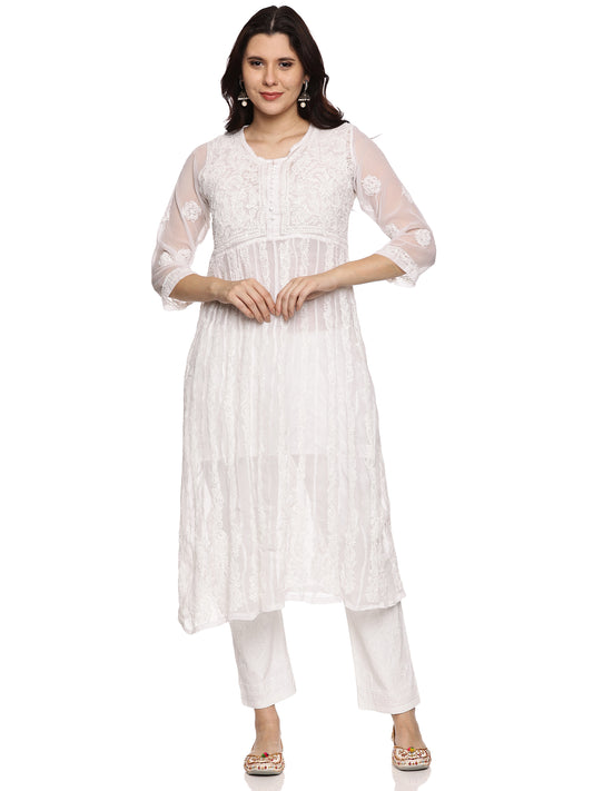 Georgette Chikankari Kurta in White with Same Tone Embroidery