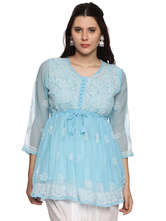 Georgette Chikankari Short Kurti in Sky Blue with White Embroidery