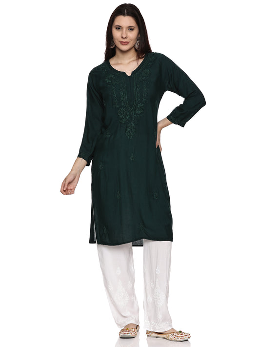 Rayon Chikankari Long Kurta in Dark Green with Same Tone Embroidery