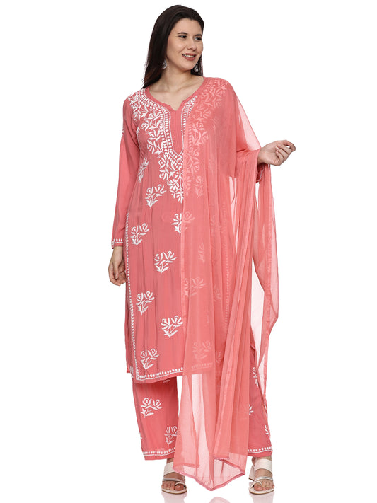 Modal Chikankari Suit in Coral Pink with White Embroidery