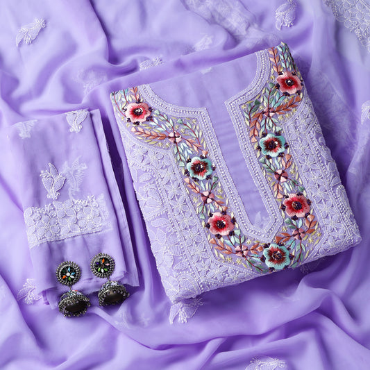 Georgette Kurta, Bottom and Dupatta Dress Material with beautiful Parsi Work in Purple
