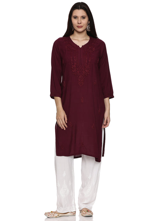 Rayon Chikankari Long Kurta in Wine with Same Tone Embroidery