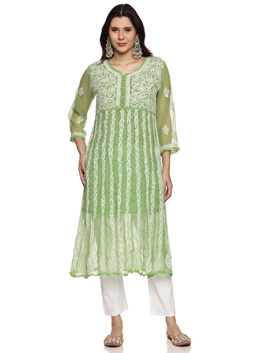 Georgette Chikankari Long Kurti in Green with White Embroidery