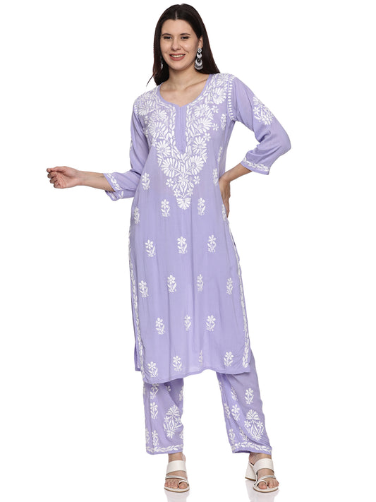 Modal Chikankari Kurta Set in Purple with White Embroidery