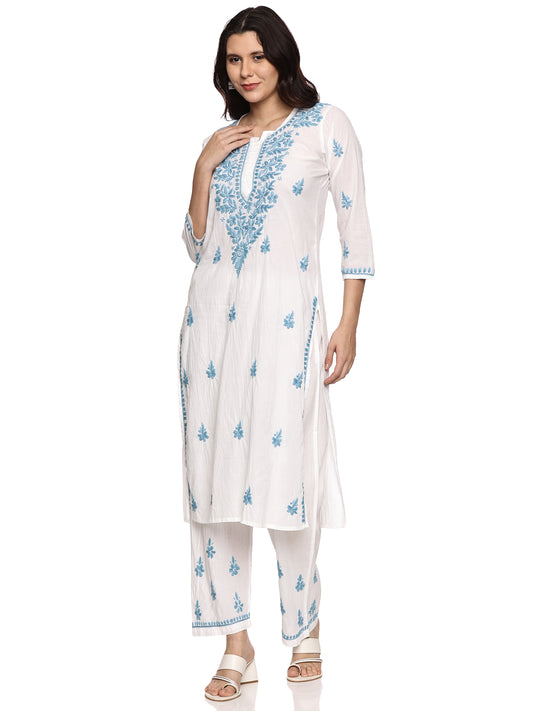 Mal Cotton Chikankari Kurta Set in White with Sky Blue Embroidery