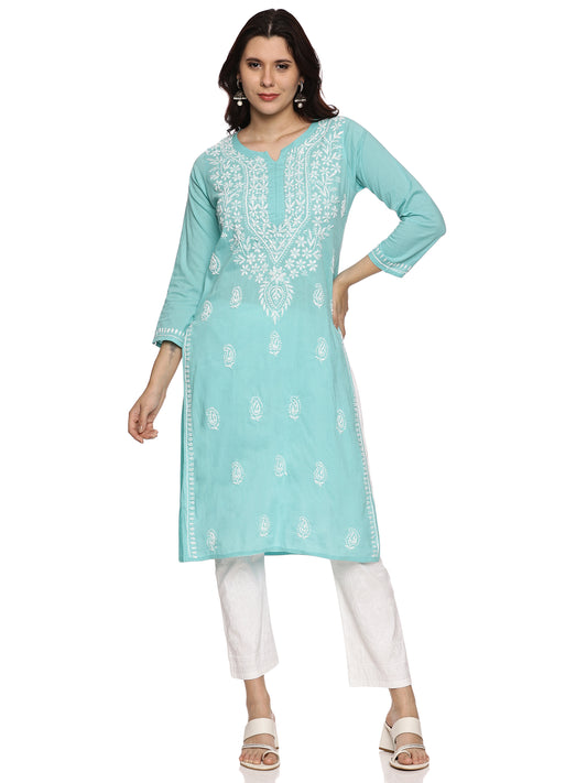 Cotton Chikankari Long Kurta in Turquoise Blue with White Embroidery
