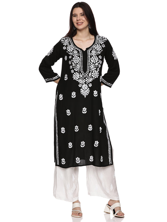 Rayon Chikankari Kurta in Black with White Embroidery