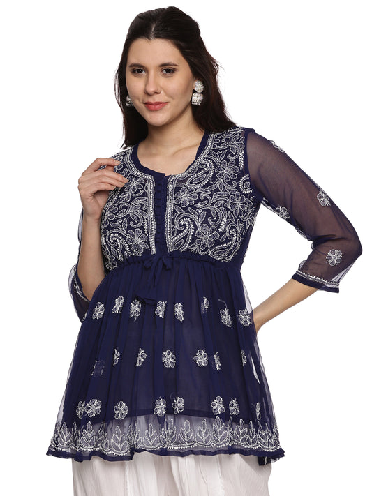 Georgette Chikankari Short Kurta in Navy Blue with White Embroidery