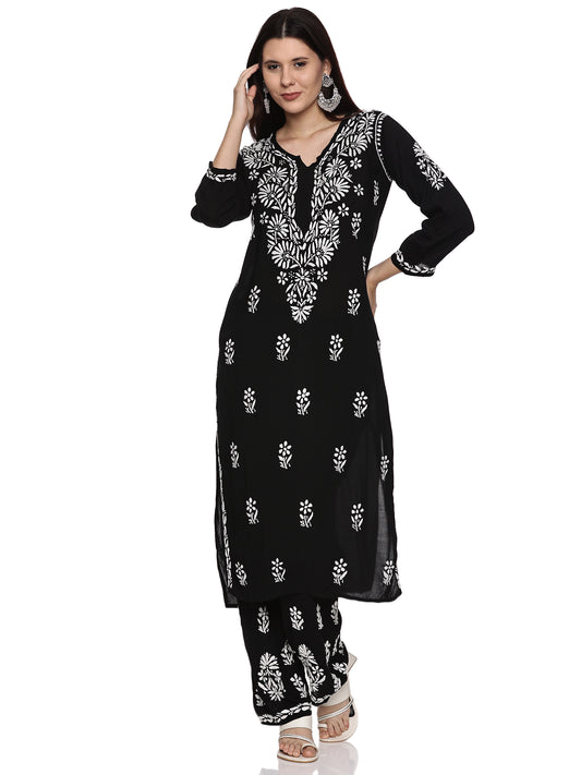 Modal Chikankari Kurta Set in Black with White Embroidery