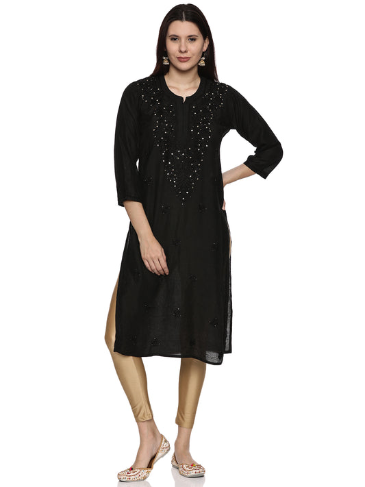 Chanderi Chikankari Long Kurti in Black with Mukaish Work