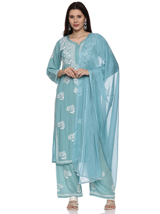 Modal Chikankari Suit in Sea Green With White Embroidery