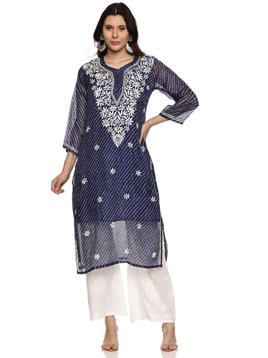 Kota Chikankari Long Kurti in Navy Blue with White Embroidery (inner included)
