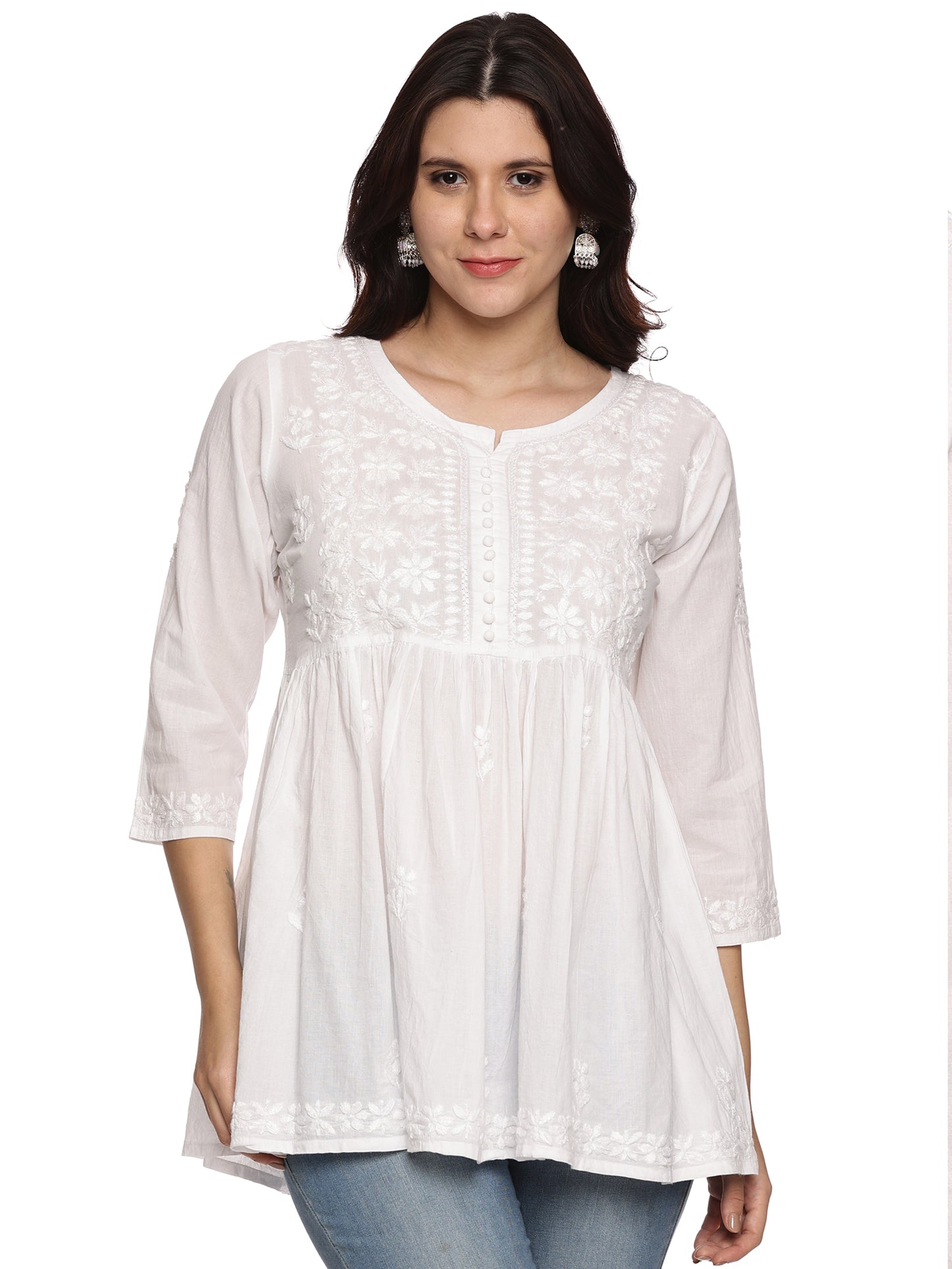 Cotton Chikankari Short Gown Style Kurta in White with Same Tone Embroidery