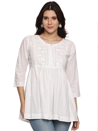 Cotton Chikankari Short Gown Style Kurta in White with Same Tone Embroidery