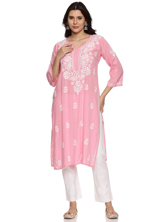 Rayon Chikankari Long Kurti in Light Pink with White Embroidery