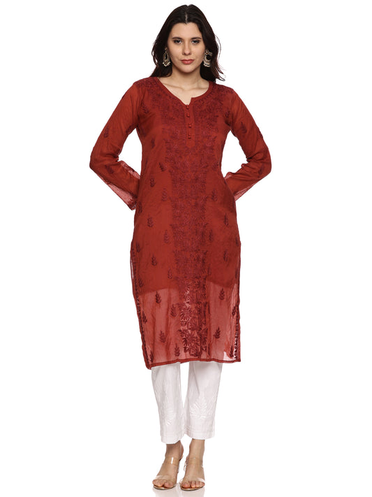 Mal Chanderi Chikankari Long Kurta in Brown with same tone Embroidery (inner included)