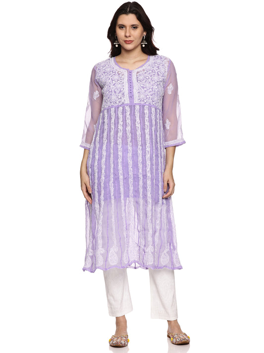 Georgette Chikankari Long Kurta in Purple with White Embroidery