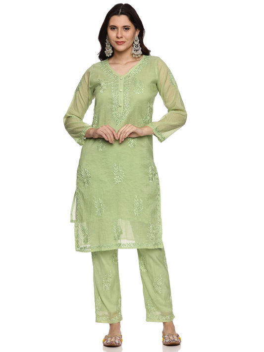 Mal Chanderi Chikankari Kurta Set in Olive Green with Inner