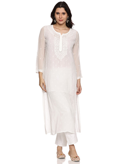 Viscose Chikankari Long Kurti in White with Same Tone Embroidery