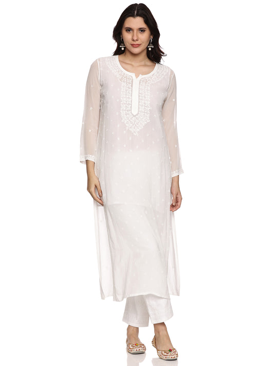 Viscose Chikankari Long Kurti in White with Same Tone Embroidery