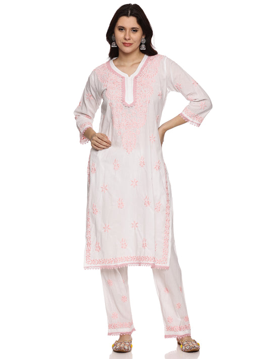 Mal Cotton Chikankari Kurta Set in White with Light Pink Embroidery