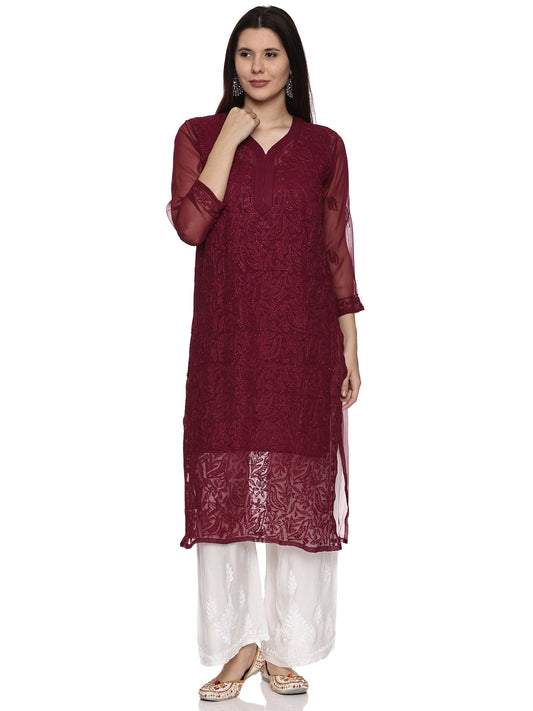 Georgette Chikankari Kurta in Wine with Resham Jaal Design with Inner