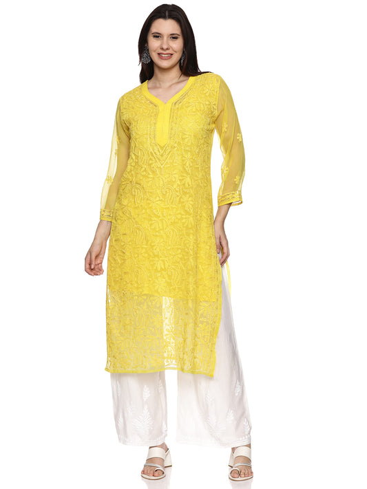 Georgette Chikankari Kurta in Yellow with Resham Jaal Design with Inner