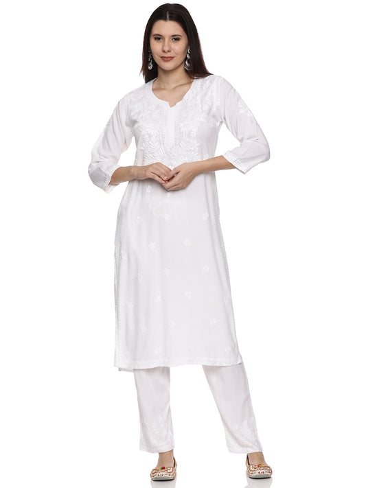 Rayon Chikankari Kurta Set in White with Same Tone Embroidery