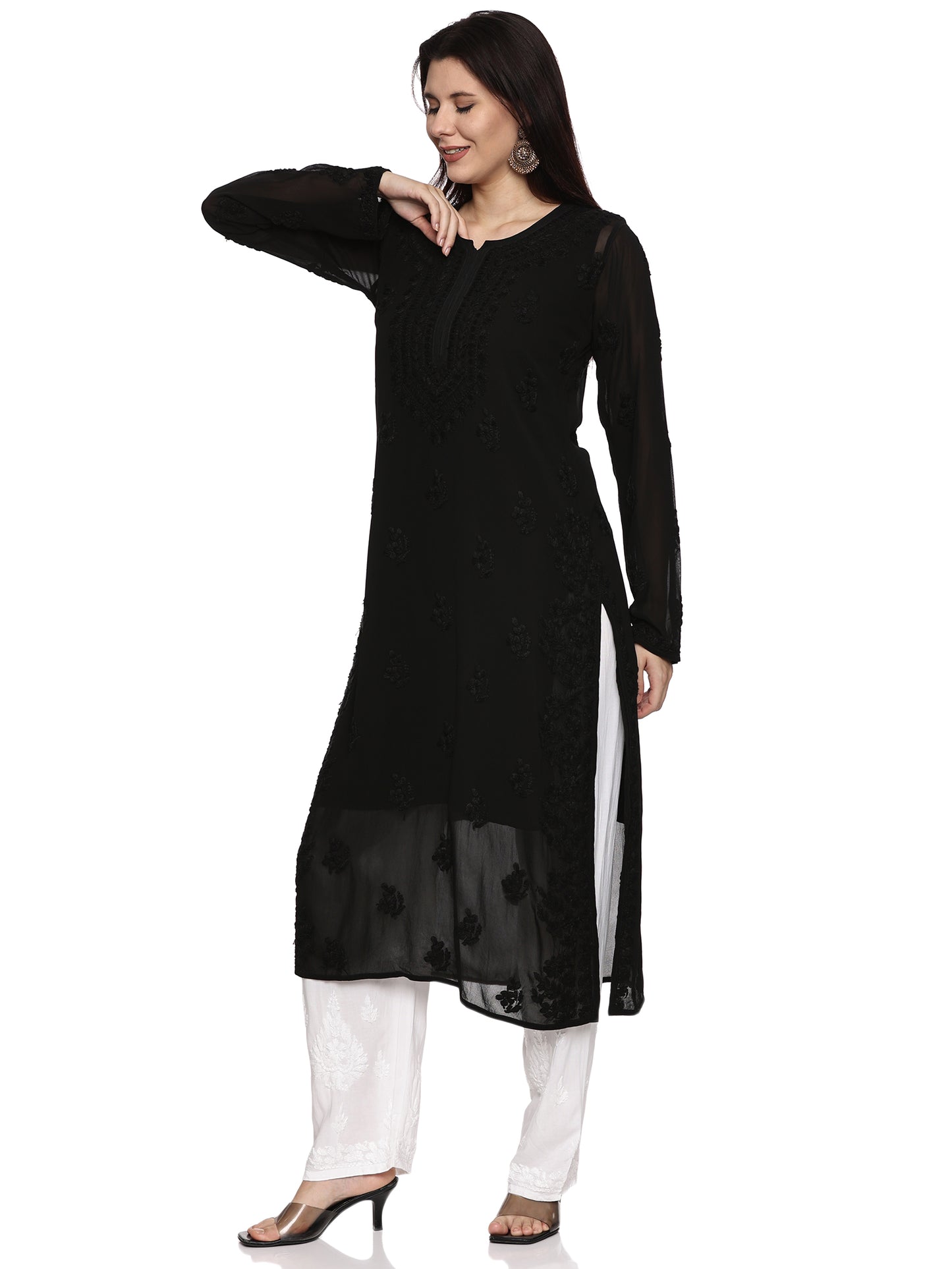 Viscose Chikankari Long Kurti in Black with Same Tone Embroidery (inner included)