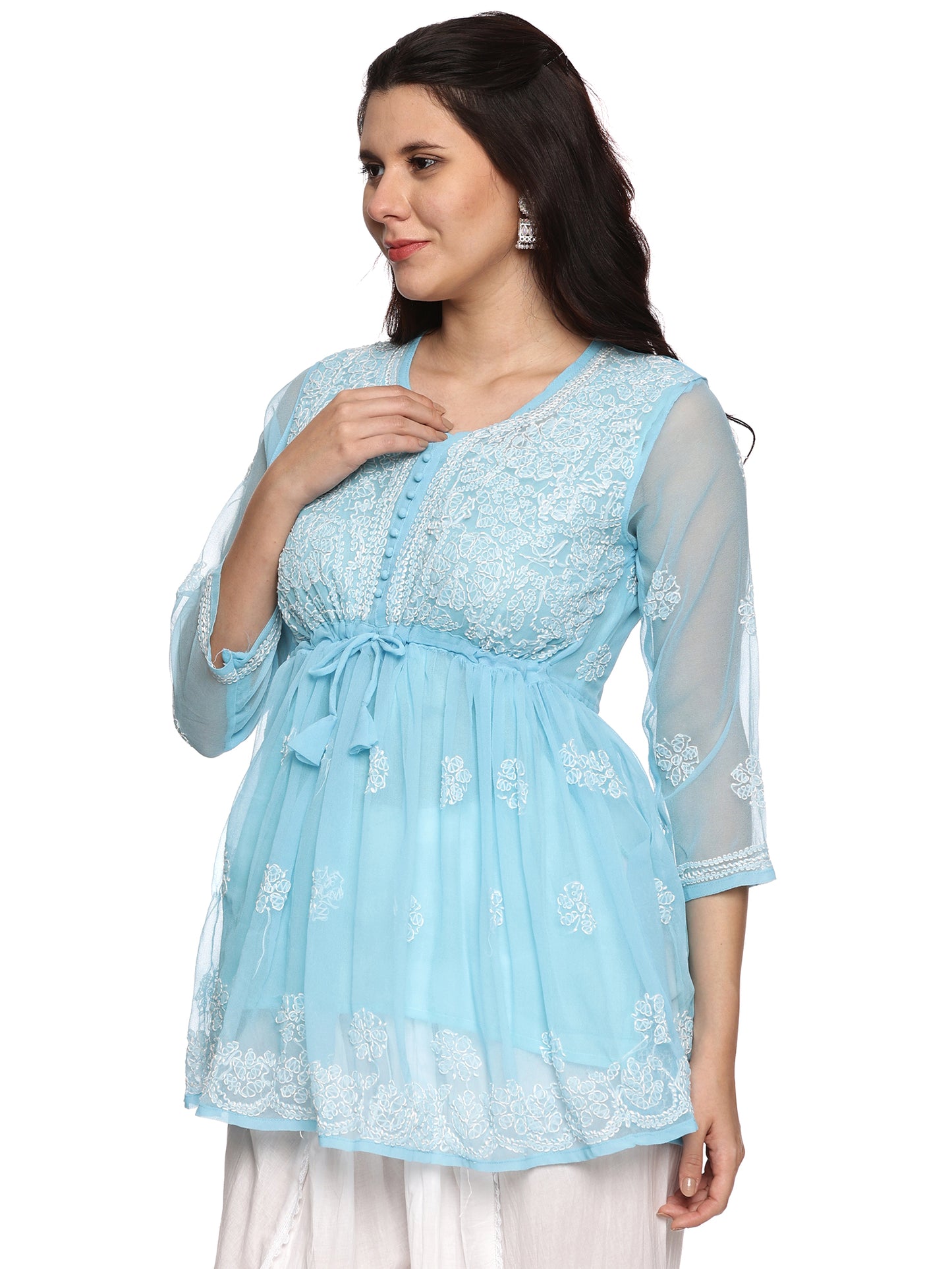 Georgette Chikankari Short Kurti in Sky Blue with White Embroidery