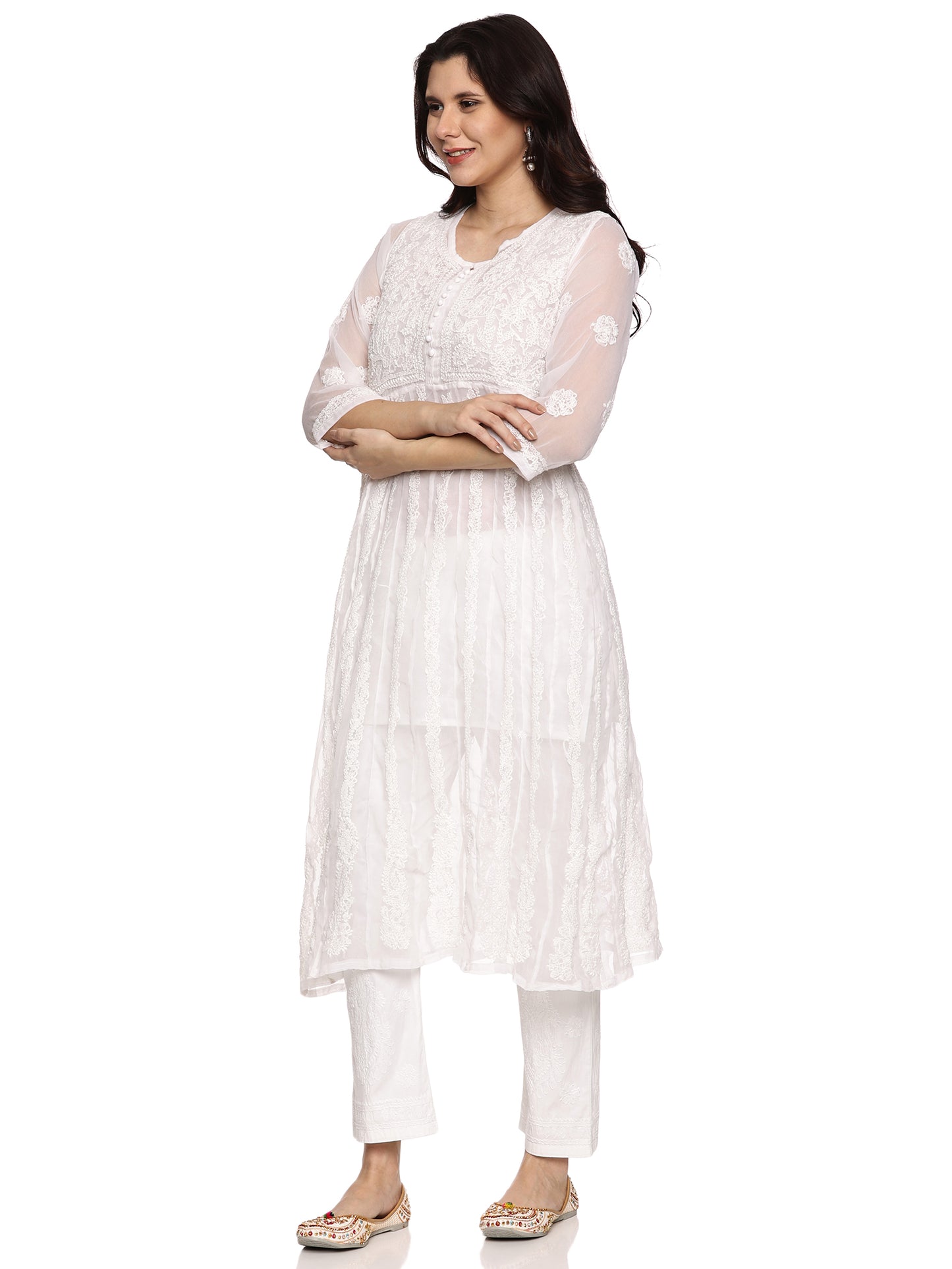 Georgette Chikankari Kurta in White with Same Tone Embroidery