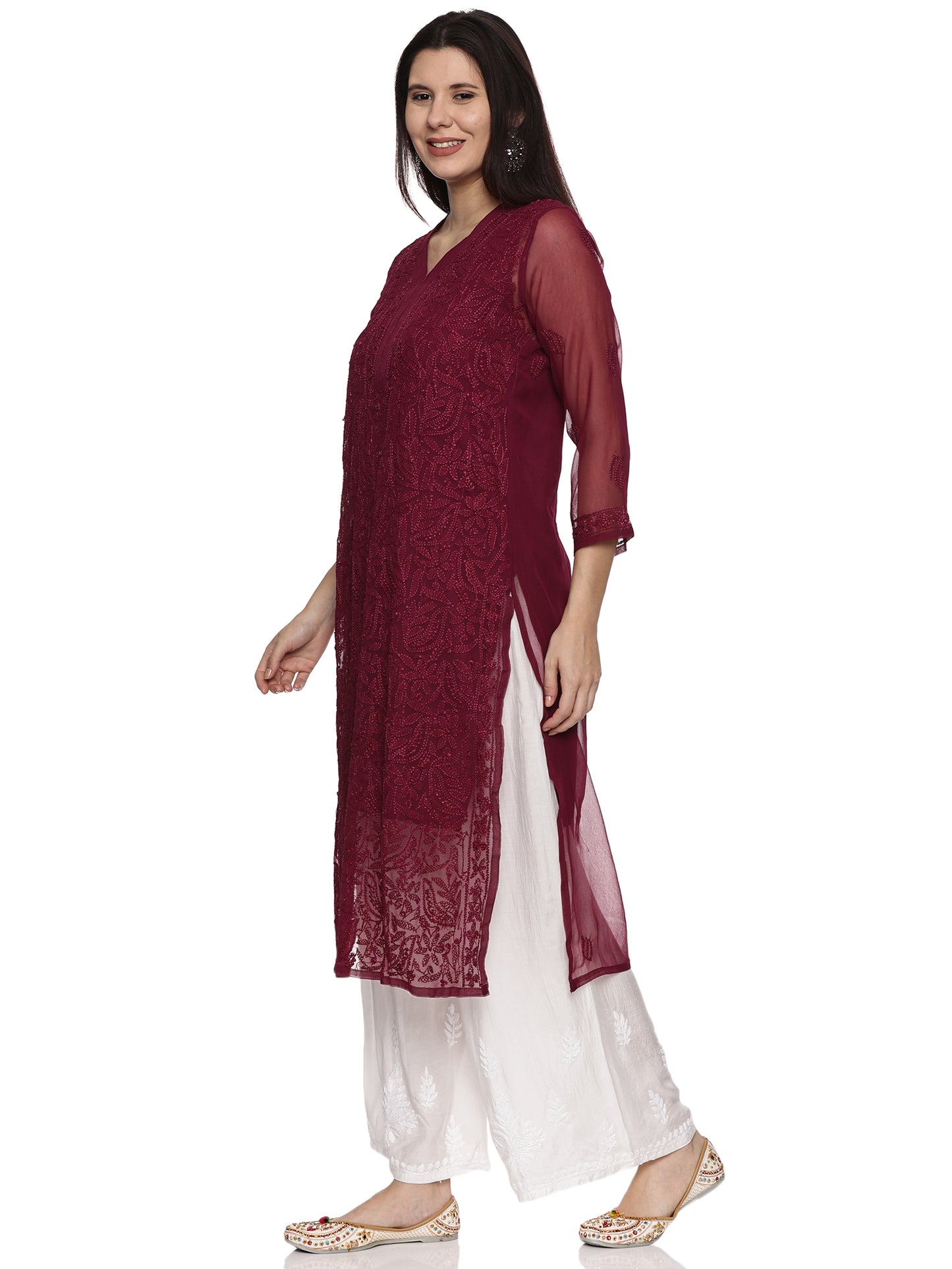 Georgette Chikankari Kurta in Wine with Resham Jaal Design with Inner
