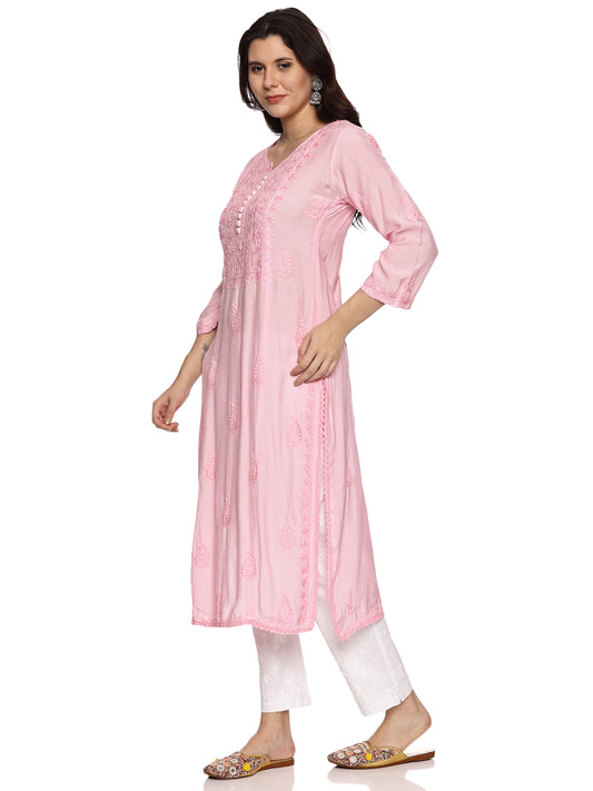 Muslin Chikankari Long Kurta in Light Pink with Same Tone Embroidery