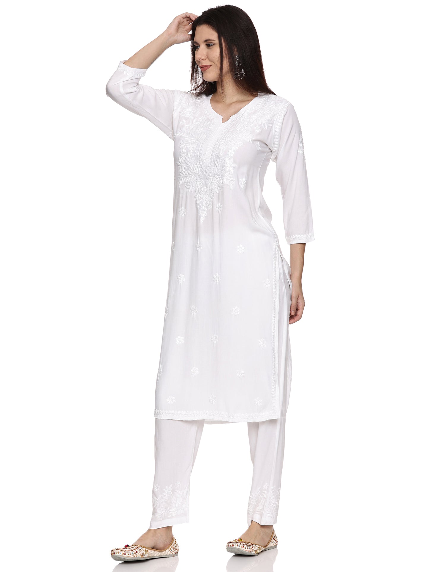 Rayon Chikankari Kurta Set in White with Same Tone Embroidery