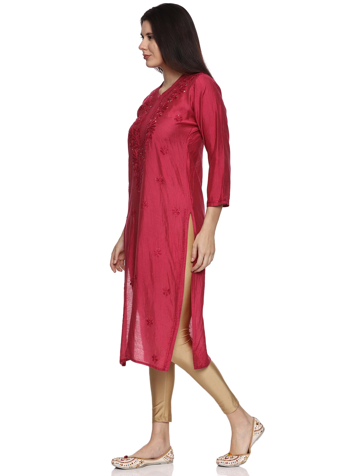 Chanderi Chikankari Long Kurti in Rani Pink with Mukaish Work