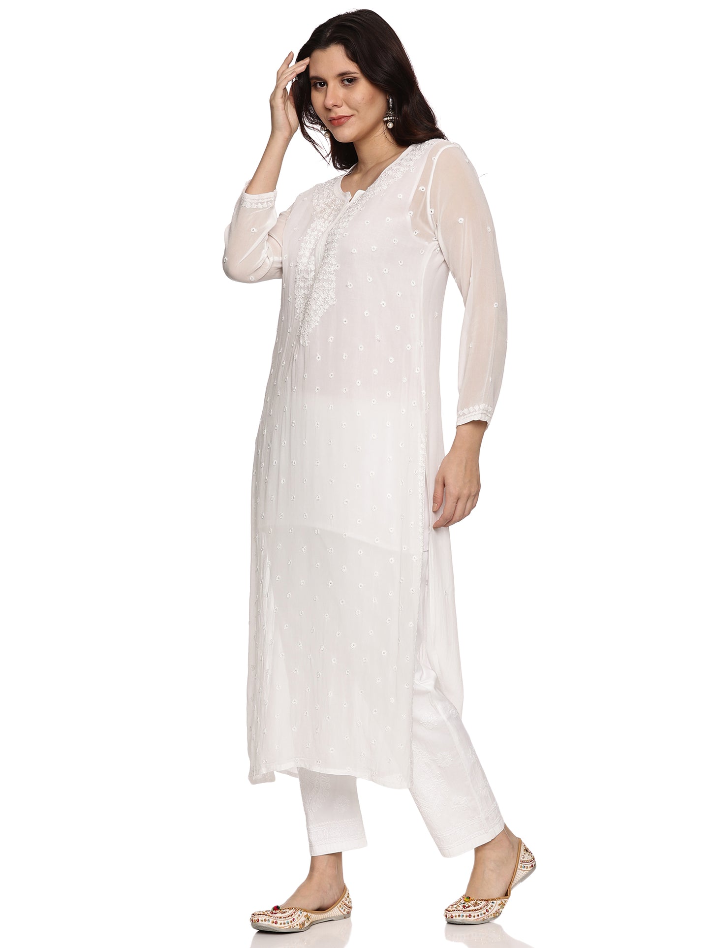 Viscose Chikankari Long Kurti in White with Same Tone Embroidery
