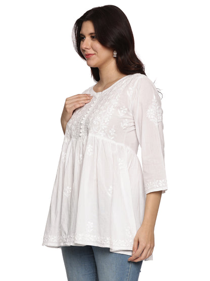 Cotton Chikankari Short Gown Style Kurta in White with Same Tone Embroidery