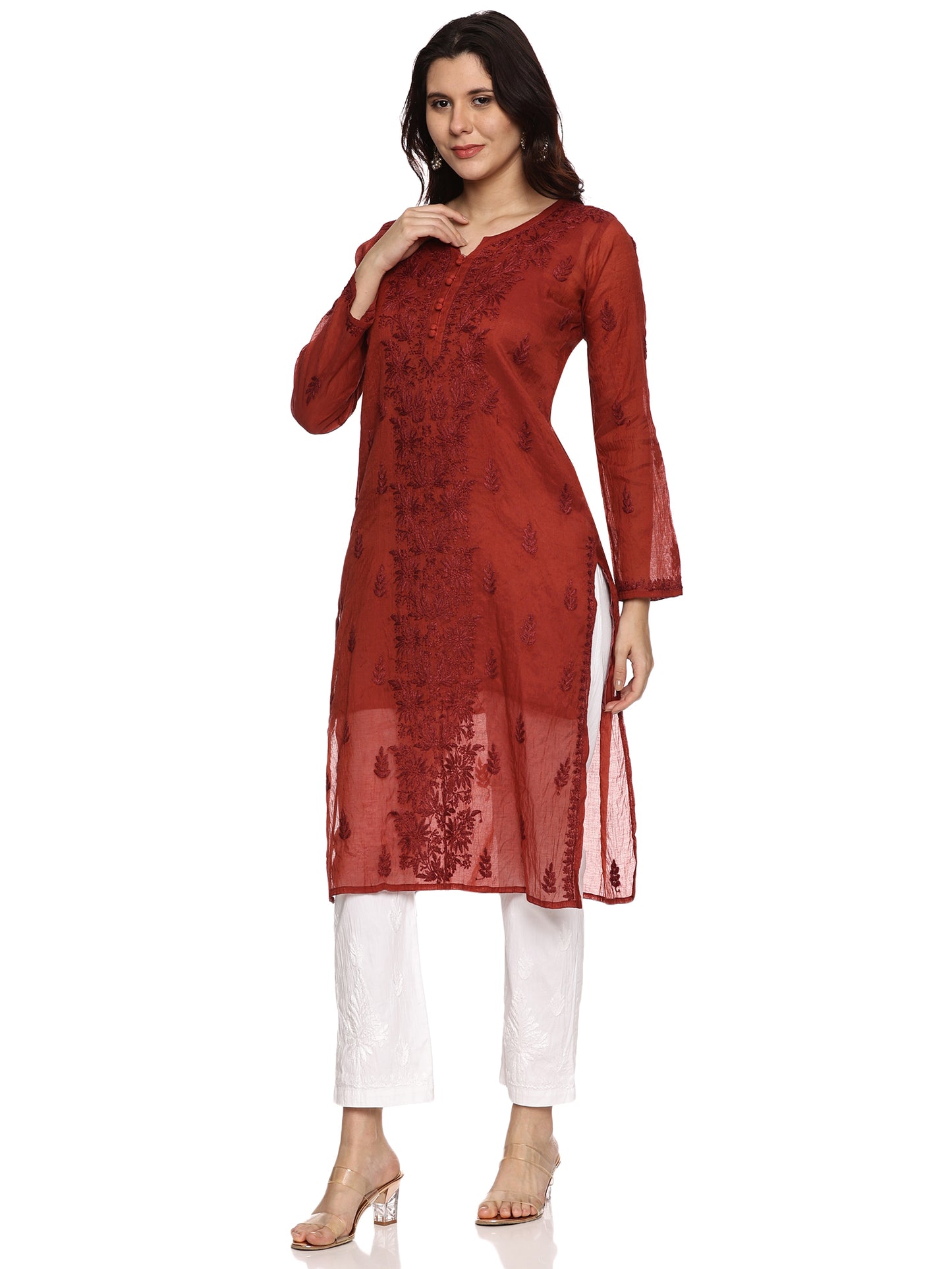 Mal Chanderi Chikankari Long Kurta in Brown with same tone Embroidery (inner included)